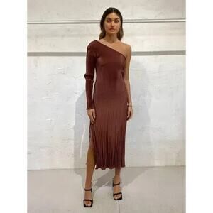 L'idee Soiree One Shoulder Long Sleeve Midi Dress in Chocolate Size 8